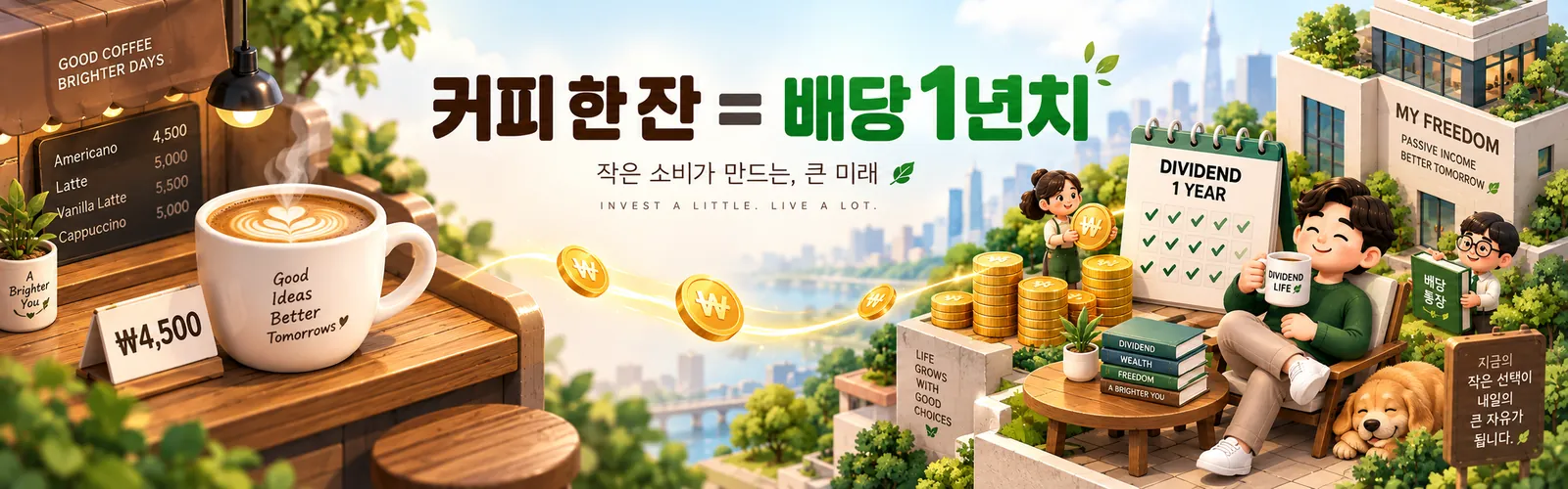 커피 한 잔 값이 배당 1년치가 되는 것을 표현한 일러스트