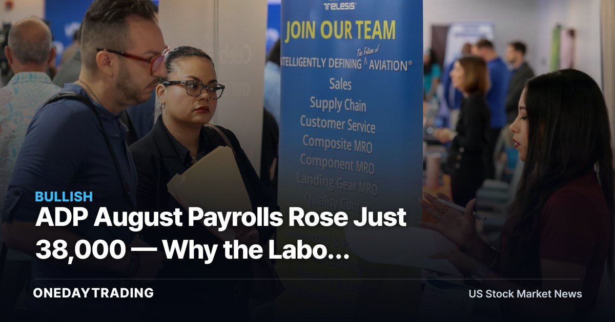 ADP August Payrolls Rose Just 38,000 — Why the Labor Slowdown Matters for Rates and Stocks