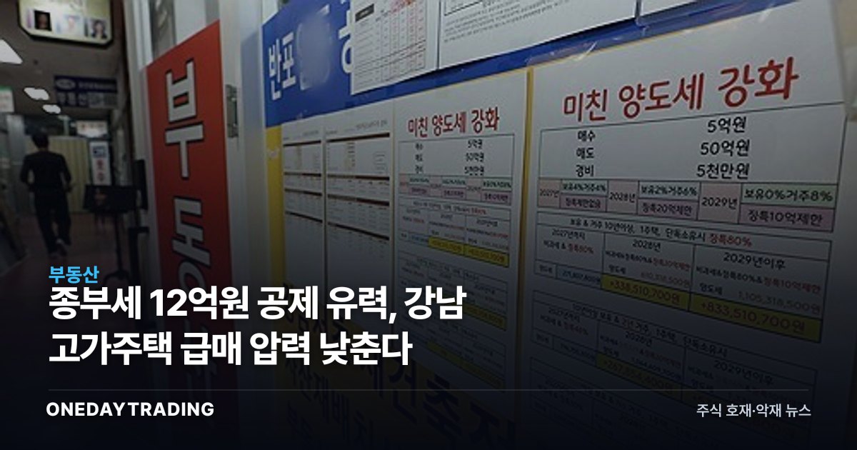 종부세 12억원 공제 유력, 강남 고가주택 급매 압력 낮춘다