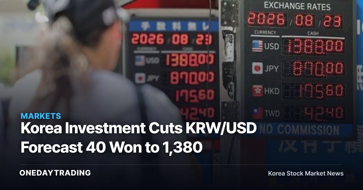 Korea Investment Cuts KRW/USD Forecast 40 Won to 1,380