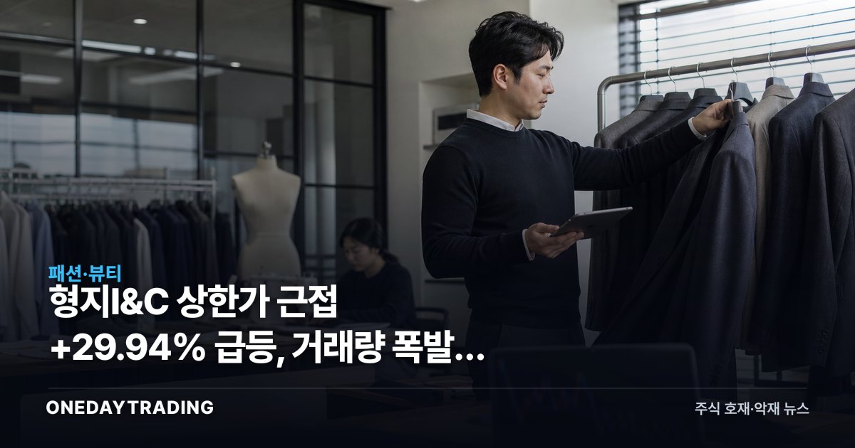 형지I&C 상한가 근접 +29.94% 급등, 거래량 폭발한 오늘의 흐름 정리
