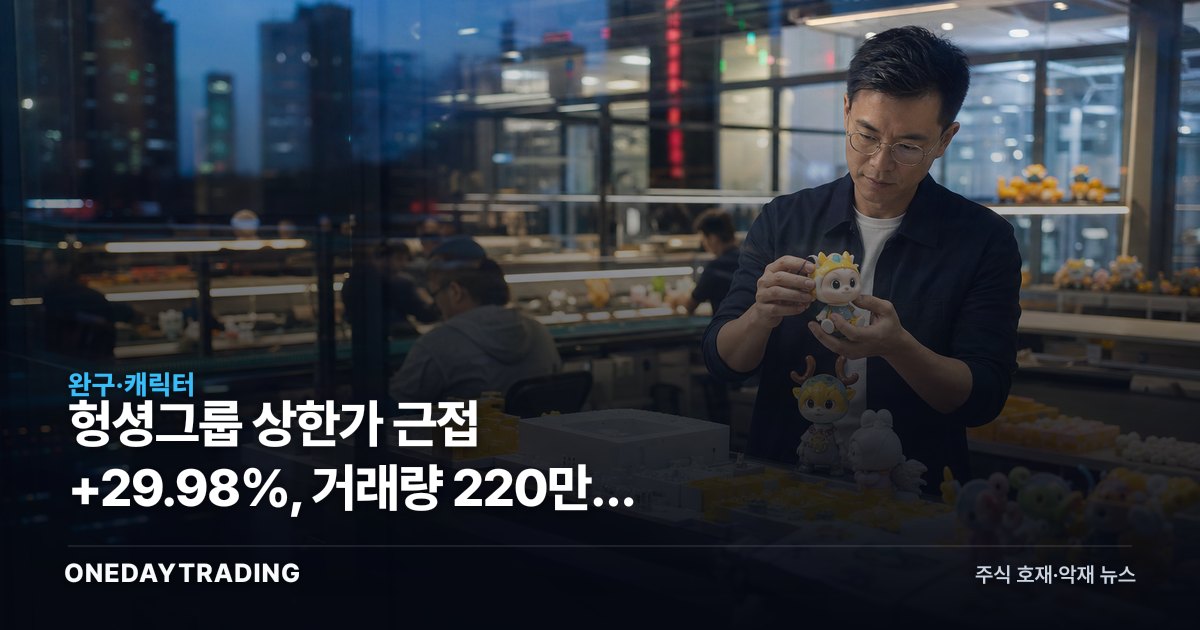 헝셩그룹 상한가 근접 +29.98%, 거래량 220만주 몰리며 급등 6위