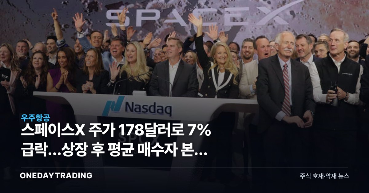 스페이스X 주가 178달러로 7% 급락…상장 후 평균 매수자 본전 붕괴