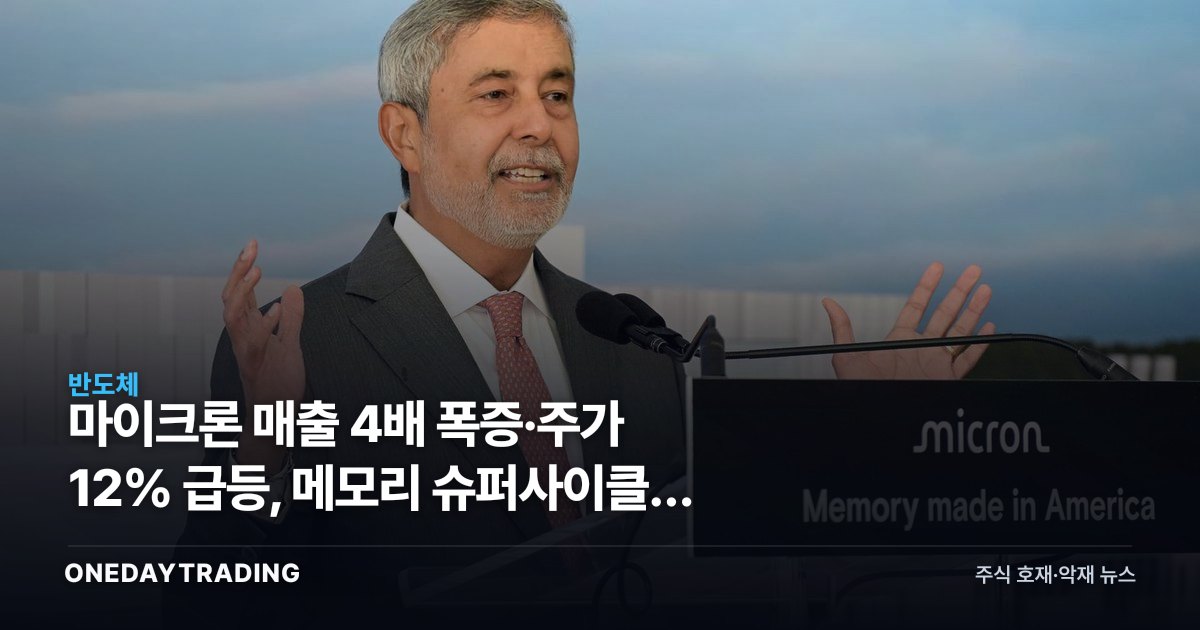 마이크론 매출 4배 폭증·주가 12% 급등, 메모리 슈퍼사이클이 SK하이닉스·삼성에 보내는 신호