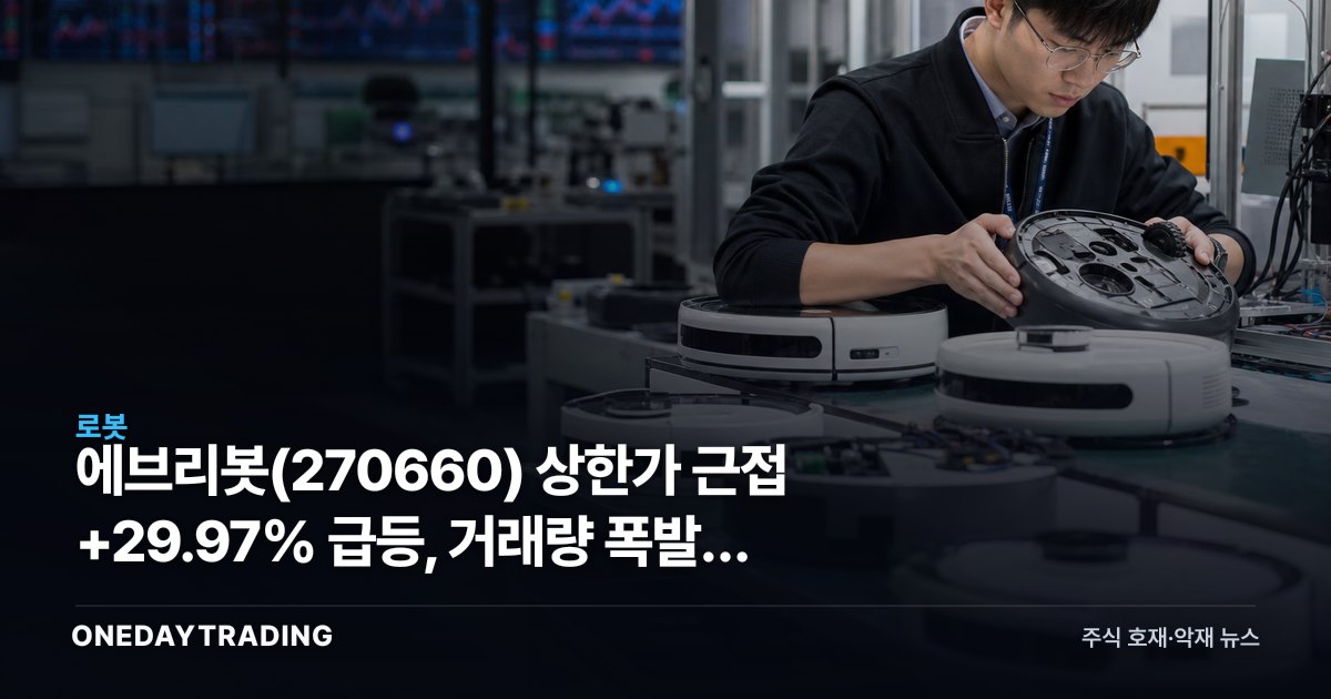 에브리봇(270660) 상한가 근접 +29.97% 급등, 거래량 폭발한 이유는