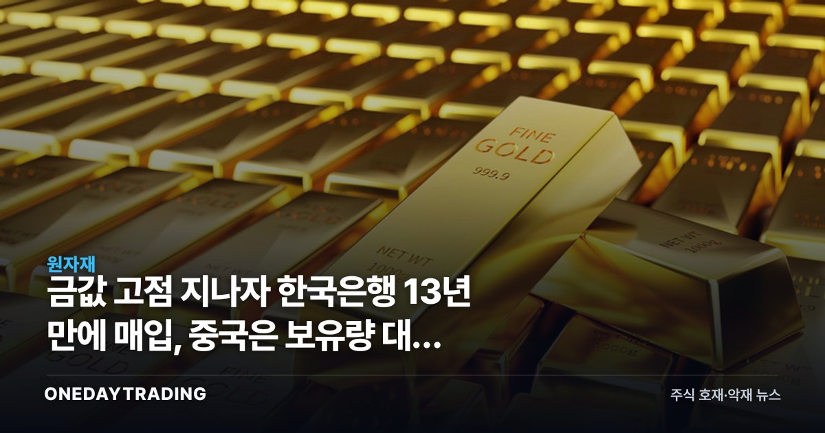 금값 고점 지나자 한국은행 13년 만에 매입, 중국은 보유량 대폭 확대