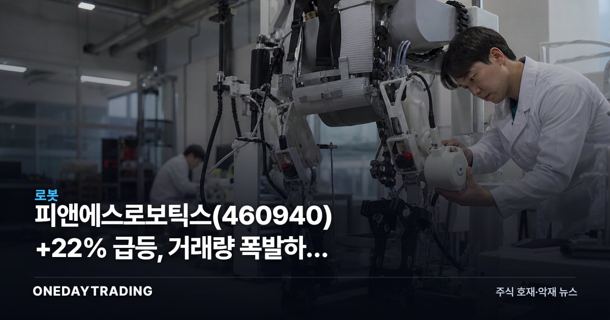 피앤에스로보틱스 +22% 급등, 거래량 폭발하며 급등 5위 안착
