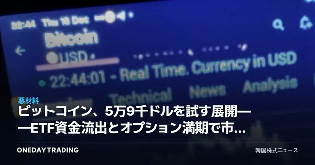 ビットコイン、5万9千ドルを試す展開——ETF資金流出とオプション満期で市場に重し