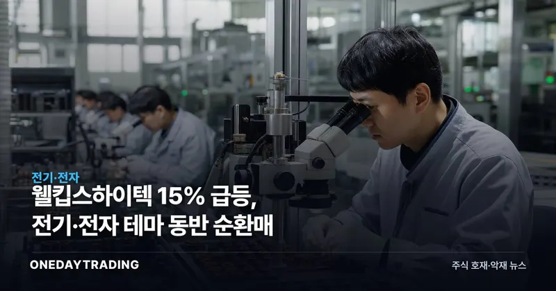 웰킵스하이텍 15% 급등, 전기·전자 테마 동반 순환매