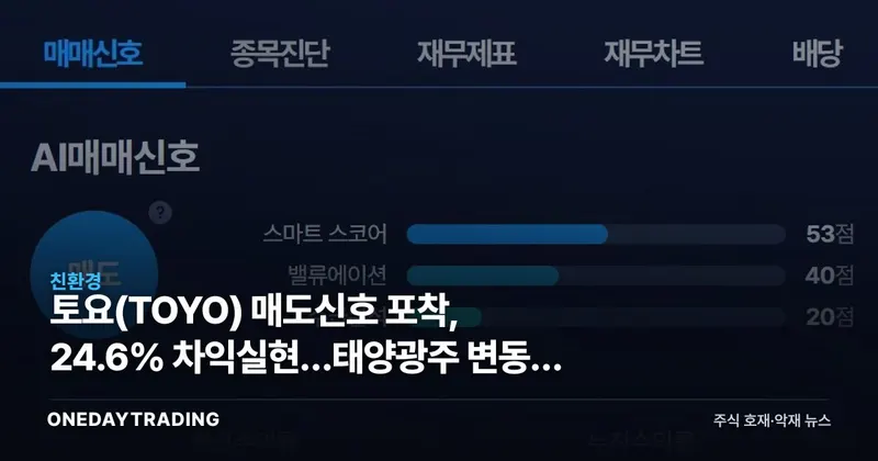토요(TOYO) 매도신호 포착, 24.6% 차익실현…태양광주 변동성 점검
