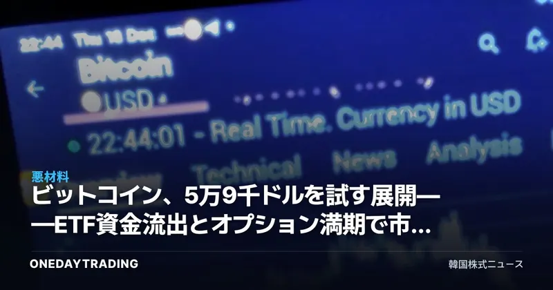 ビットコイン、5万9千ドルを試す展開——ETF資金流出とオプション満期で市場に重し
