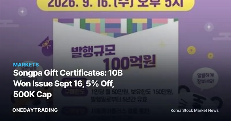 Songpa Gift Certificates: 10B Won Issue Sept 16, 5% Off, 500K Cap