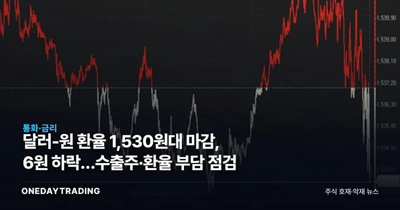 달러-원 환율 1,530원대 마감, 6원 하락…수출주·환율 부담 점검