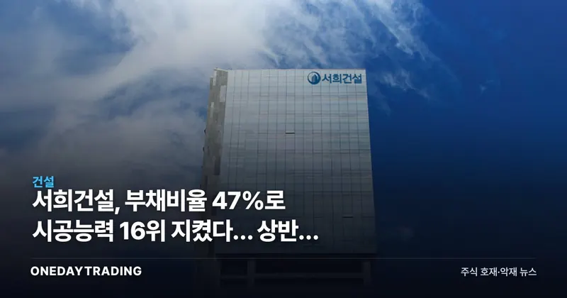 서희건설, 부채비율 47%로 시공능력 16위 지켰다… 상반기 착공 1조 비결