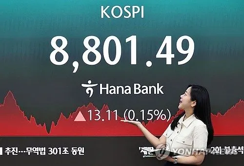 코스피 8,900 첫 터치 후 8,800대 마감…또 사상 최고치 경신