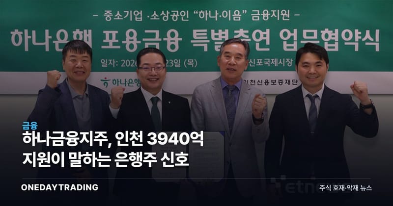 하나금융지주, 인천 3940억 지원이 말하는 은행주 신호