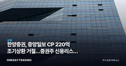 한양증권, 중앙일보 CP 220억 조기상환 거절…증권주 신용리스크 점검