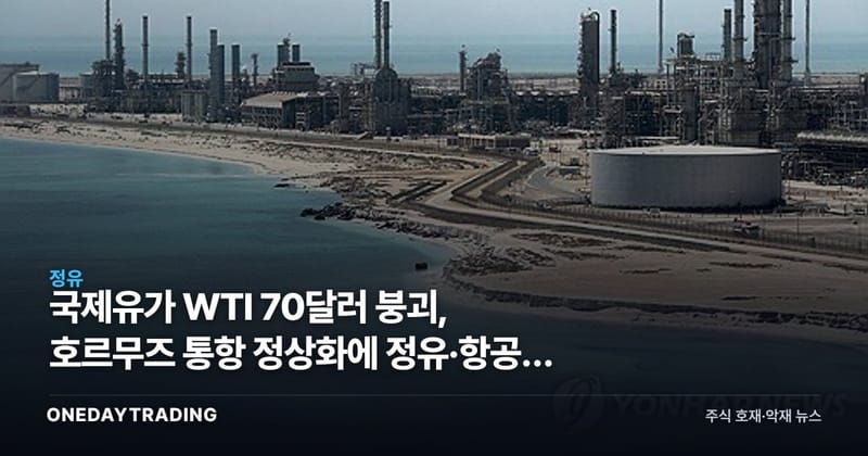국제유가 WTI 70달러 붕괴, 호르무즈 통항 정상화에 정유·항공주 손익 갈린다