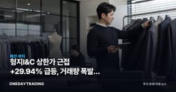 형지I&C 상한가 근접 +29.94% 급등, 거래량 폭발한 오늘의 흐름 정리