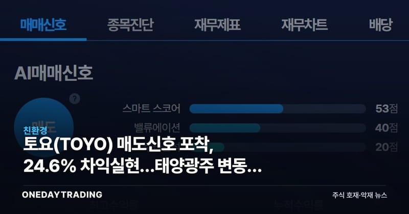 토요(TOYO) 매도신호 포착, 24.6% 차익실현…태양광주 변동성 점검