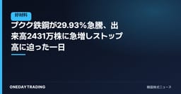 プクク鉄鋼が29.93%急騰、出来高2431万株に急増しストップ高に迫った一日