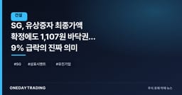 SG, 유상증자 최종가액 확정에도 1,107원 바닥권… 9% 급락의 진짜 의미