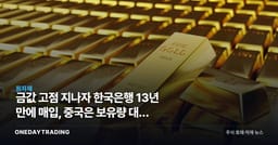 금값 고점 지나자 한국은행 13년 만에 매입, 중국은 보유량 대폭 확대