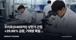 우리로(046970) 상한가 근접 +29.98% 급등, 거래량 폭발한 이유는