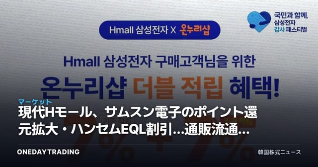 現代Hモール、サムスン電子のポイント還元拡大・ハンセムEQL割引…通販流通株を点検
